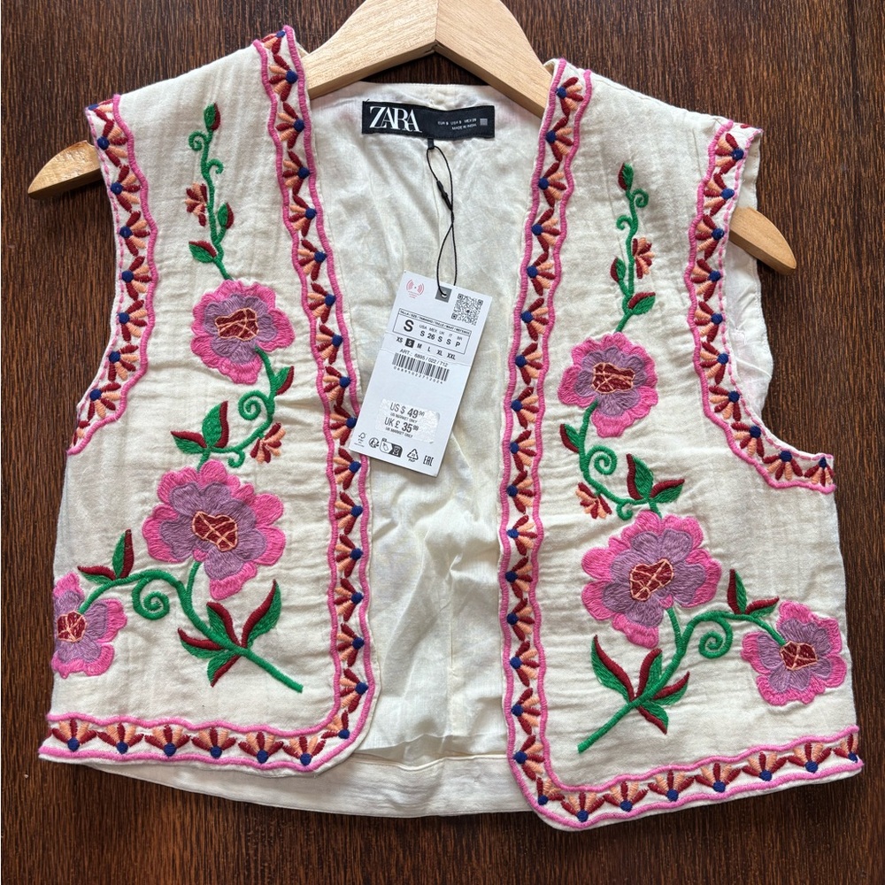 Zara Cream Vest with Pink and Green Embroidery